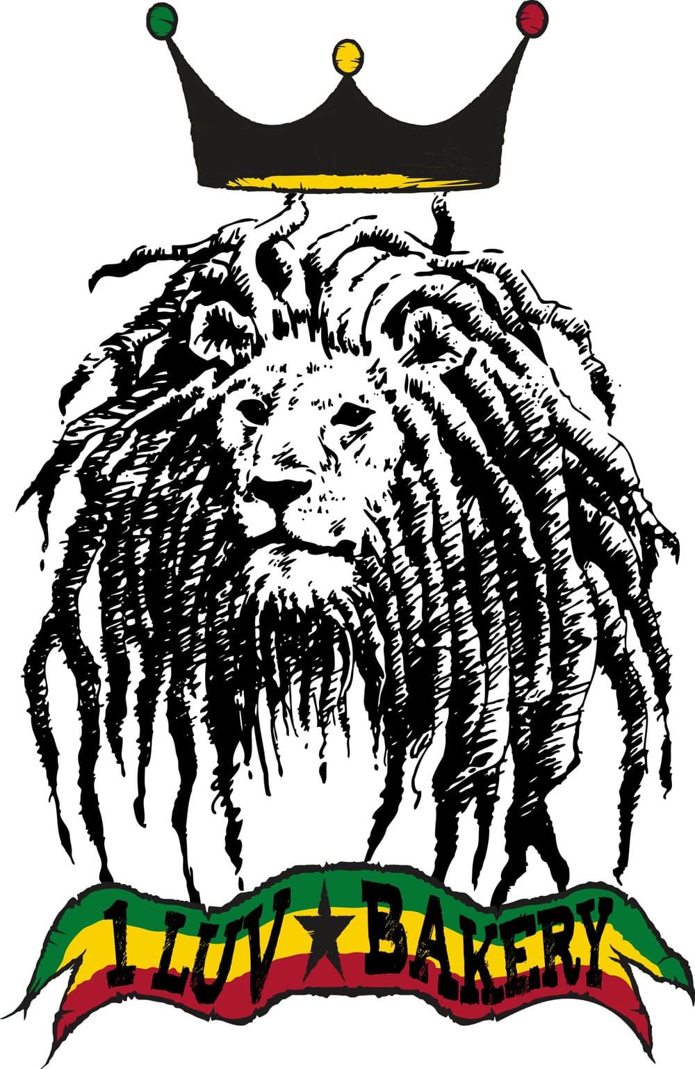 1 Luv Bakery crest: a crowned, dreadlocked lion over a red, gold and green ribbon